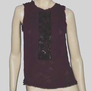 VINCE SIZE 2 XS DARK PURPLE 100% SILK SLEEVELESS SEQUINS BEADS RAW HEM BLOUSE